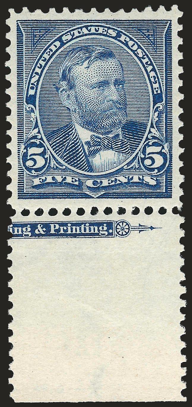 5c Dark Blue (281).> Mint N.H. with partial imprint in wide bottom selvage, deep rich color on bright paper, Extremely Fine, with 1997 P.F. and 2008 P.S.E. certificates (XF 90)