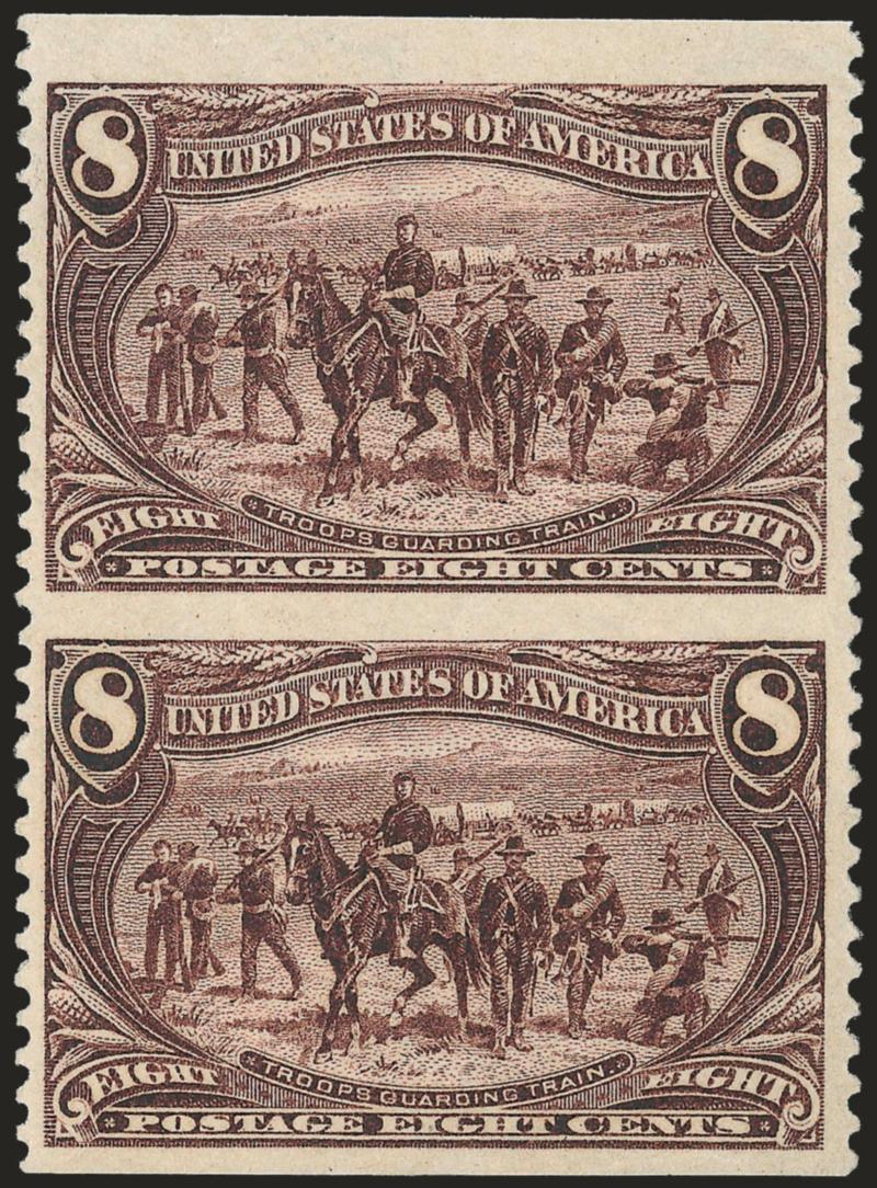 8c Trans-Mississippi, Vertical Pair, Imperforate Horizontally (289a).> Original gum, lightly hinged, incl. sheet margin at top, few light natural gum bends -- much less noticeable than usually found on all
existing pairs<><>^EXTREMELY FINE CENTERIN