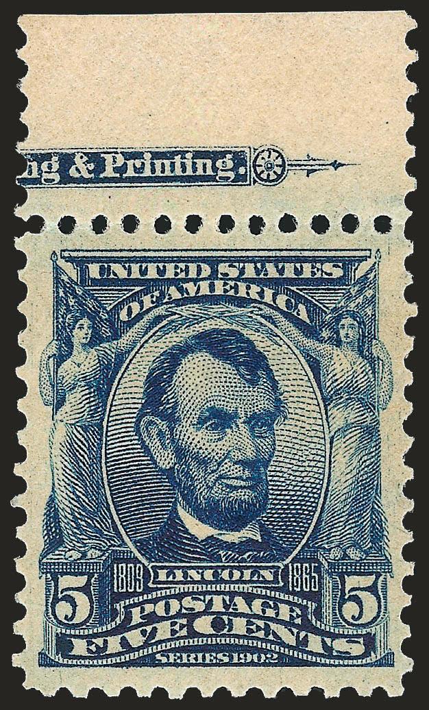 5c Blue (304).> Mint N.H. with partial imprint top selvage, uncommonly wide margins with choice centering, intense color, Extremely Fine, with 1998 P.F. and 2008 P.S.E. certificates (XF 90 SMQ $330.00)
