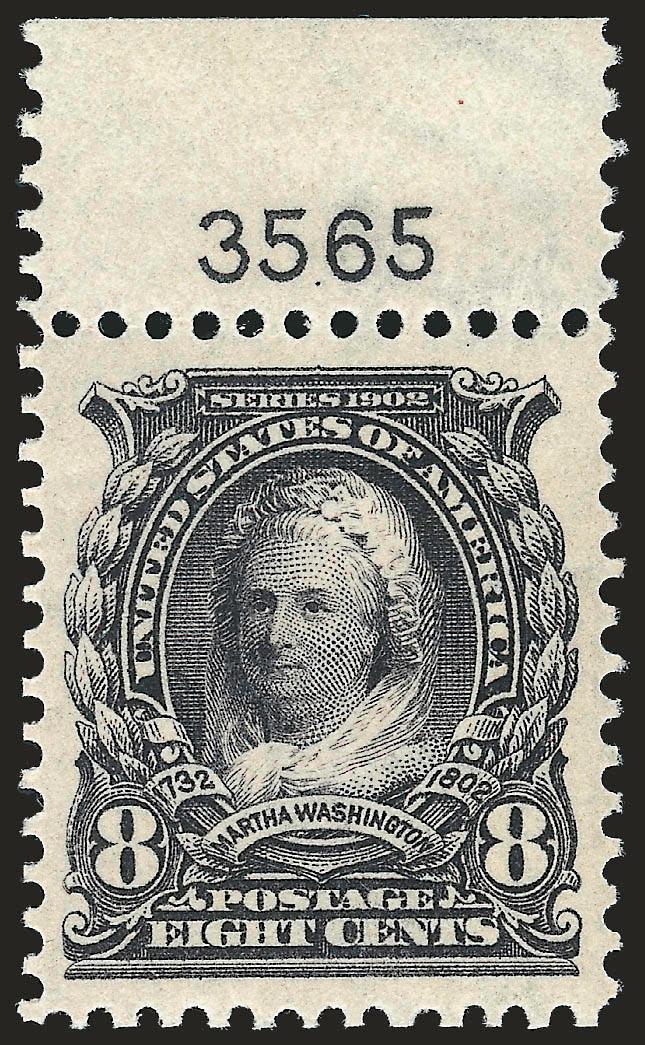 8c Violet Black (306).> Mint N.H., <plate no. selvage at top,> intense shade, Jumbo margins and near perfect centering, clear impression, Extremely Fine Gem, with 1992 P.F. and 2008 P.S.E. certificates
(XF-Superb 95 Jumbo SMQ $800.00 as 95, $2,750.0