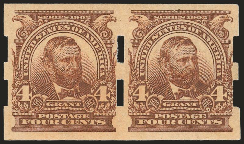 4c Brown, Imperforate, Schermack Ty. III Private Perforation (314A).> Pair, <left stamp Mint N.H.,> right stamp barest trace of hinging, rich color, proof-like impression, beautiful centering between top and
bottom coil margins, Schermack perfs just