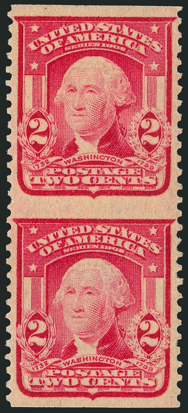 2c Carmine, Ty. I, Vertical Pair, Imperforate Horizontally (319d).> Lightly hinged, brilliant color, choice centering with wide margins at top and bottom<><>^EXTREMELY FINE. A WONDERFULLY CHOICE PAIR OF THE
1903 2-CENT SHIELD ISSUE IMPERFORATE HORI