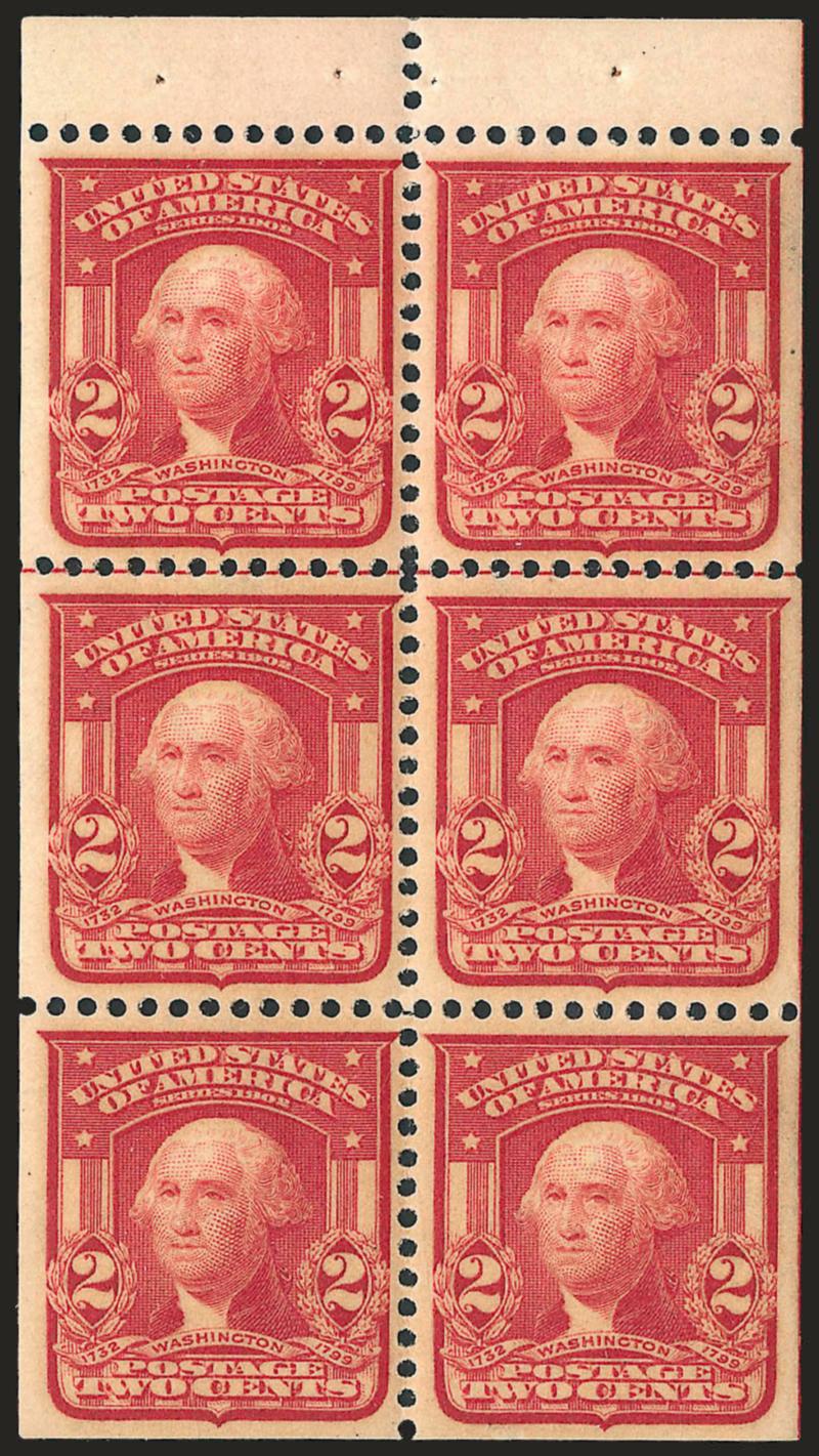 2c Oily Dark Carmine, Ty. I, Booklet Pane of Six (319g var).> Position F, Mint N.H., unusually deep shade, wide margins, Very Fine and choice, this shade appears to be unlisted in Scott, with 1993 P.S.E.
certificate