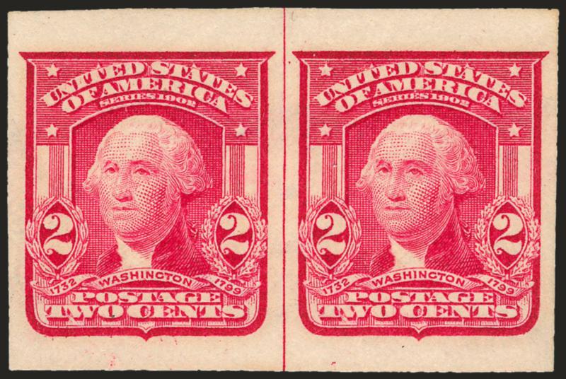 2c Carmine, Ty. I, Imperforate (320).> Mint N.H. pair, enormous margins, vertical guide line, radiant color, Extremely Fine Gem