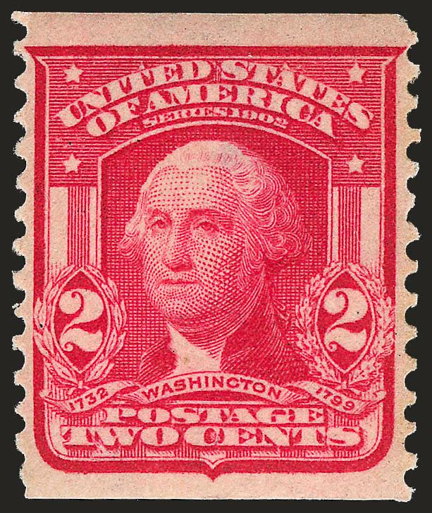2c Carmine, Coil (322).> Mint N.H., brilliant color, unusually choice centering with wide and balanced margins<><>^EXTREMELY FINE GEM. A SUPERB MINT NEVER-HINGED EXAMPLE OF THE 2-CENT HORIZONTAL COIL, SCOTT
322. THIS IS THE FIRST MINT NEVER-HINGED