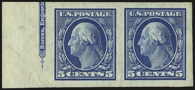1c-5c 1908-09 Issue, Imperforate (343-347).> Pairs of 1c, 3c-5c, top imprint, star and plate no. strip of three of 2c, additional block of four with sheet margin at left of 4c, all Mint N.H., 3c and 5c pairs
with part imprint, 4c pair with siderograp