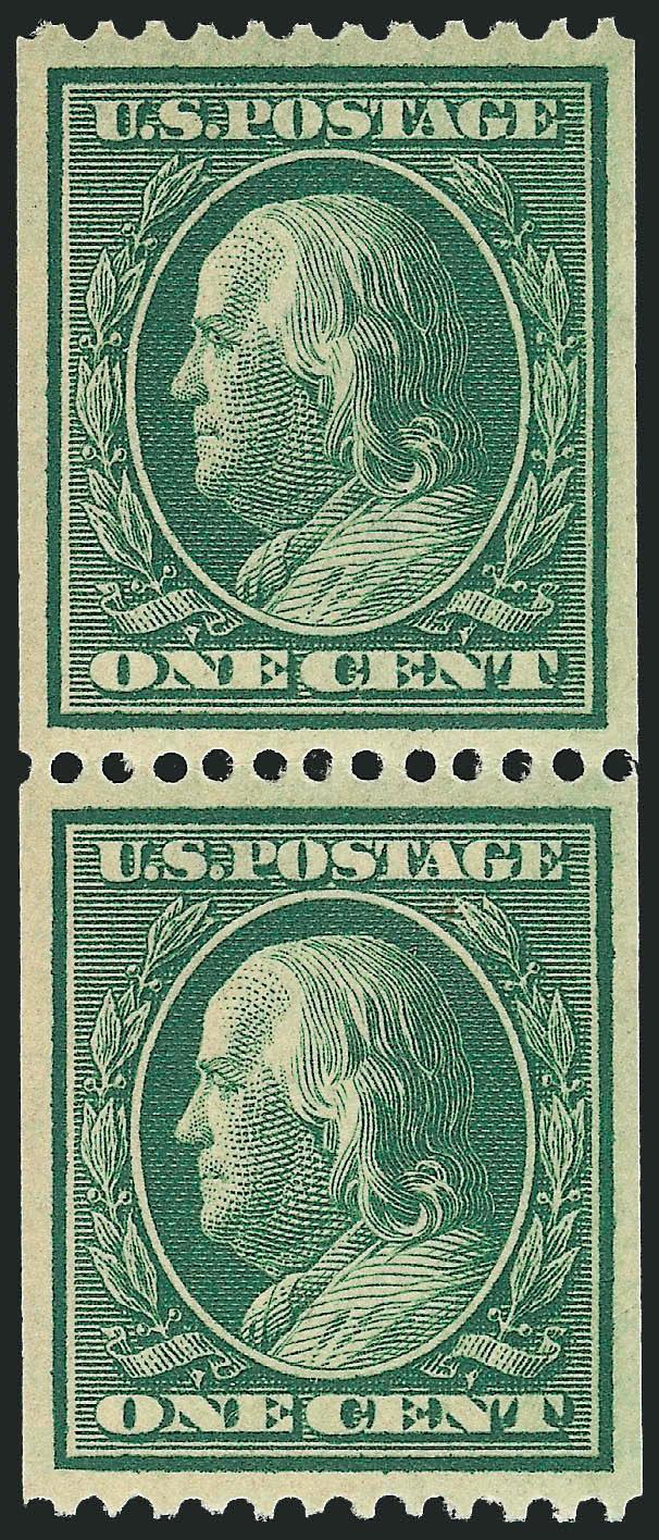 1c Green, Coil (348).> Mint N.H. pair, brilliant color and detailed impression, gorgeous centering with wide and balanced margins, Extremely Fine Gem, with 1993 P.F. and 2008 P.S.E. certificates (Superb 98 SMQ
$860.00), only three pairs have graded