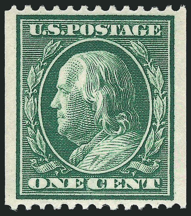 1c Green, Coil (348).> Mint N.H., bright color, wide margins, Extremely Fine, with 1999 P.F. and 2008 P.S.E. certificates (VF-XF 85 SMQ $85.00)