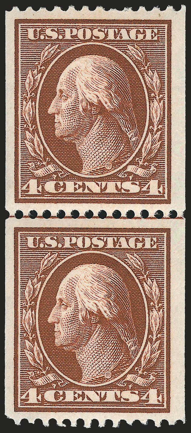 4c Orange Brown, Coil (350).> Guide line pair, intense shade and proof-like impression, choice centering with wide margins, bright and fresh<><>^VERY FINE AND CHOICE. A BEAUTIFUL MINT NEVER-HINGED GUIDE LINE
PAIR OF THE 4-CENT VERTICAL COIL, SCOTT