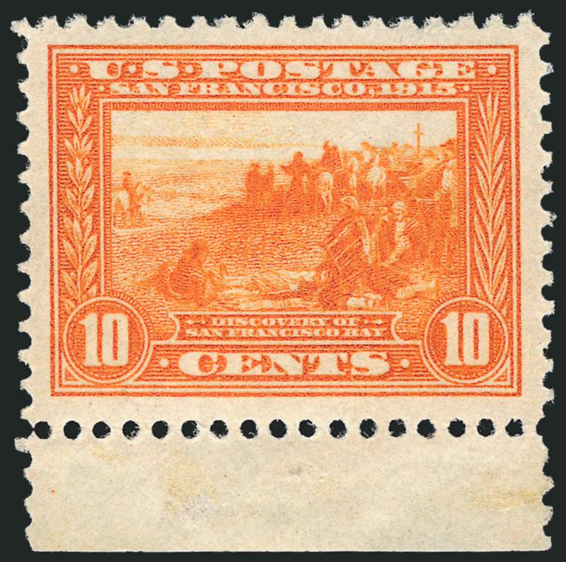 10c Orange, Panama-Pacific (400A).> Mint N.H. with bottom selvage, brilliant color, detailed impression, nicely balanced Jumbo margins<><>^EXTREMELY FINE. A STRIKING MINT NEVER-HINGED EXAMPLE OF THE 10-CENT
ORANGE PERF 12 PANAMA-PACIFIC ISSUE.^<><