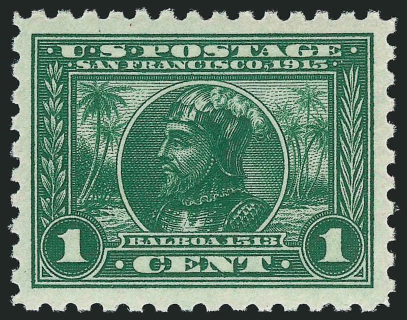 1c Panama-Pacific, Perf 10 (401).> Mint N.H., deep rich color, wonderfully fresh paper and almost perfectly centered, Extremely Fine Gem, with 1990 and 1999 P.F. certificates, with 2008 P.S.E. certificate
(XF-Superb 95 SMQ $335.00)