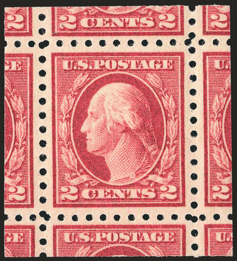 2c Carmine, Ty. I (463).> Mint N.H., gorgeous centering with Jumbo and balanced margins, perfs intact on all sides and with significant portion of all eight adjoining stamps, Extremely Fine Gem, a stunning
stamp