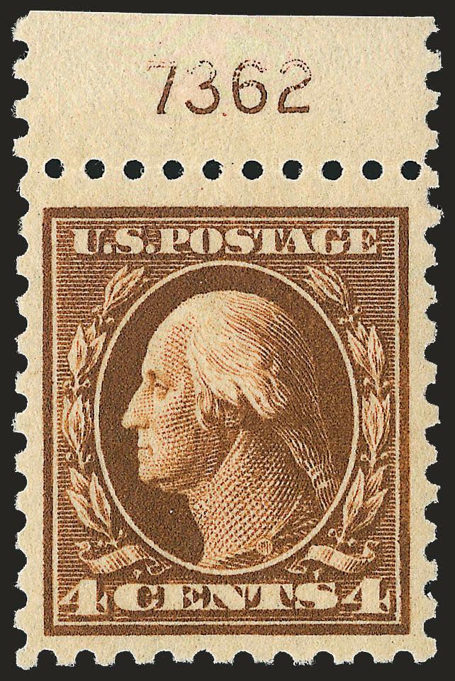 4c Orange Brown (465).> Mint N.H. with <plate no. 7362> selvage at top, intense shade on fresh paper, wide margins, Very Fine and choice, with 1989 P.F. certificate