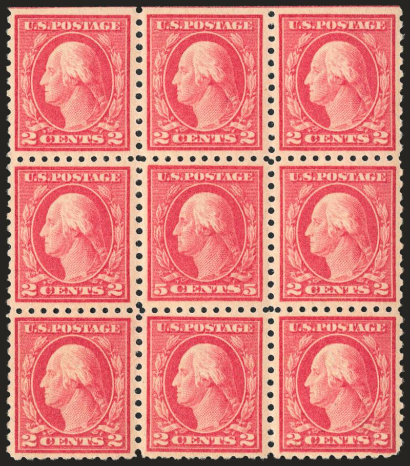 5c Carmine, Error (467).> Mint N.H. single error in block of nine, natural s.e. at top, rich color, the error with unusually choice centering<><>^VERY FINE-EXTREMELY FINE EXAMPLE OF THE SINGLE ERROR IN A BLOCK
OF NINE.^<><>With 1998 P.F. certific