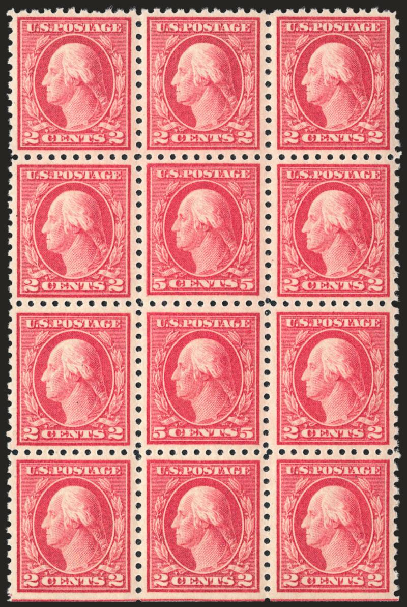 5c Carmine, Error (467).> Mint N.H. double error in block of twelve, natural s.e. at bottom, rich color on bright paper, gorgeous centering throughout<><>^EXTREMELY FINE. A SUPERB MINT NEVER-HINGED BLOCK OF
TWELVE CONTAINING THE DOUBLE 5-CENT ERROR