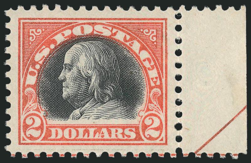 $2.00 Orange Red & Black (523).> Mint N.H., radiant color, detailed impressions on post office fresh paper, perfectly centered with Jumbo margins<><>^EXTREMELY FINE GEM. A STUNNING MINT NEVER-HINGED EXAMPLE OF
THE $2.00 ORANGE RED & BLACK 1918 FRAN