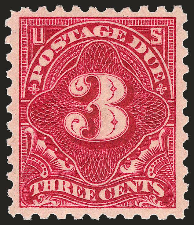 3c Carmine Lake (J54).> Mint N.H., incredibly deep rich shade, proof-like impression, exceptionally well-centered for this challenging issue<><>^EXTREMELY FINE. THE 3-CENT CARMINE LAKE PERF 10 POSTAGE DUE IS
EXCEEDINGLY RARE IN THIS CHOICE MINT NEV