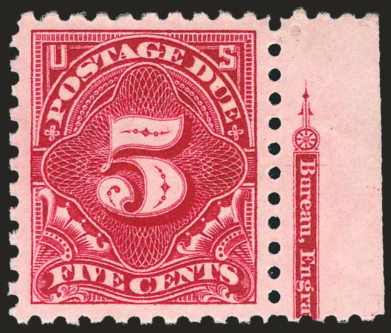 5c Carmine Lake (J55).> Mint N.H. with part imprint at right, deep rich color, almost mathematically perfect centering with extra wide margins, Extremely Fine Gem, a beautiful stamp in every way, with 2002 P.F.
and 2008 P.S.E. certificates (Superb 98