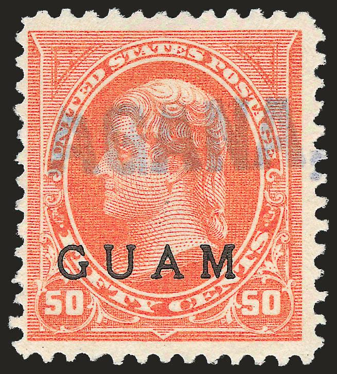 1899, 50c Orange (11).> Two singles, one Light Orange color, other <very Deep Orange near the Red Orange No. 11a which is unpriced used,> former neat blue Agana straightline cancel, latter with blue Guam
straightline, Fine, pretty pair, Scott Retai