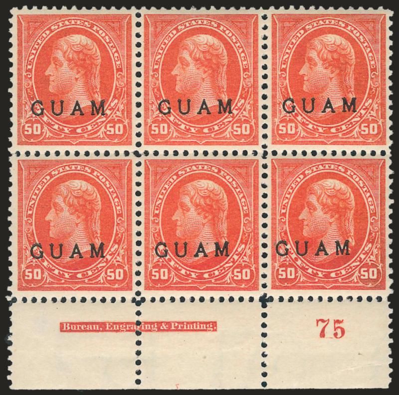 1899, 50c Orange (11).> Bottom imprint and plate no. 75 block of six, slightly tropicalized original gum, small h.r. at bottom edge of selvage, radiant color as fresh as the day it was printed, trivial crease
in selvage only at bottom left<><>^VERY