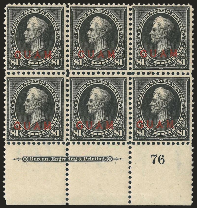 1899, $1.00 Black, Ty. I (12).> Bottom imprint and plate no. 76 block of six, slightly tropicalized original gum, intense shade and impression, choice centering, single short perf at extreme bottom left edge of
selvage (easily trimmed)<><>^VERY FIN