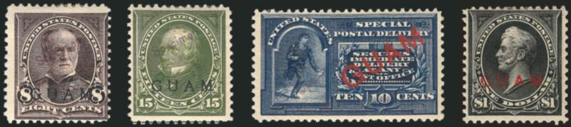 1900, 1c-$1.00 Overprints, Specimen Ovpts., Special Printings (1SP-8SP, 10SP-12SP, E1SP).> Complete set, each with Specimen overprint and each signed in pencil Spl. Surch. J. M. Bartels on back, h.r., 3c
repaired corner at bottom left, 5c thin