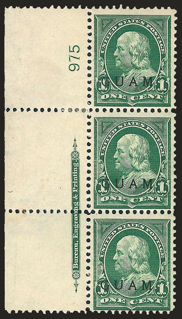1900, 1c Green, Special Printing (1SP).> Left imprint and plate no. 975 strip of three, lightly hinged, each stamp with red Special Surcharge backstamp, fourth in center selvage, rich color<><>^FINE. A RARE
IMPRINT AND PLATE NUMBER STRIP OF THREE