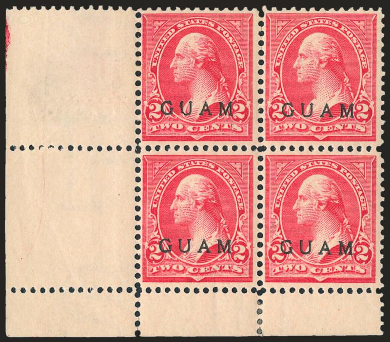 1900, 2c Light Red, Ty. IV, Special Printing (2SP).> Block of four with bottom left corner selvage, faintly hinged, small h.r. in bottom selvage, red Special Surcharge backstamps, brilliant color<><>^FINE-VERY
FINE. A UNIQUE POSITION BLOCK OF FOU