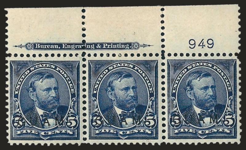 1900, 5c Blue, Special Printing (5SP).> Top imprint and plate no. 949 strip of three, h.r. at center and in selvage, each with pencil Special Surch on back and each also with Tows backstamp, deep rich color and
proof-like impression, choice cente