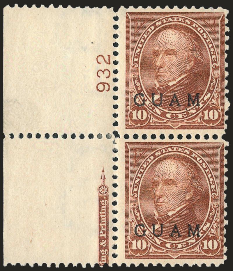 1900, 10c Brown, Ty. I, Special Printing (8SP).> Vertical pair with left part imprint and plate no. 932 selvage, original gum, lightly hinged, fresh and Fine, ex Todd, with red Special Surcharge backstamps and
neatly signed in selvage Special Surc