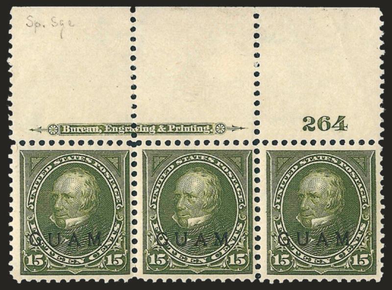 1900, 15c Olive Green, Special Printing (10SP).> Top imprint and plate no. 264 strip of three, original gum, faintly hinged, each stamp with red Special Surcharge backstamp and signed in pencil in selvage J. M.
B. (Bartels), rich color, center st