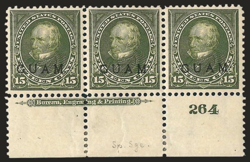 1900, 15c Olive Green, Special Printing (10SP).> Bottom imprint and plate no. 264 strip of three, original gum, h.r. in selvage, stamps faintly hinged, each stamp with red Special Surcharge backstamp and signed
in pencil J. M. B. (Bartels) in sel