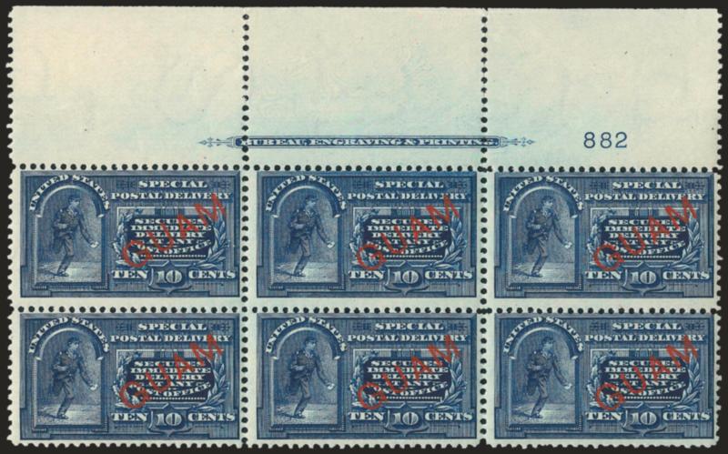 1899, 10c Blue, Special Delivery, Five Dots in Curved Frame Above Messengers Head (E1a).> Wide top imprint and plate no. 882 block of six, slight tropical original gum<><>^FINE. AN EXTREMELY RARE IMPRINT AND
PLATE NUMBER BLOCK OF THE 10-CENT SPECI