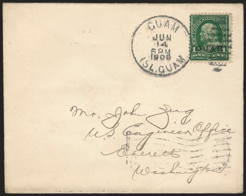 1899, 1c Deep Green (1).> Tied by Guam Isl. Guam Jun. 14, 1905 duplex datestamp on unsealed cover (ungummed flap)> from the Zug correspondence, Manila P.I. and Everett Wash. backstamps, Fine