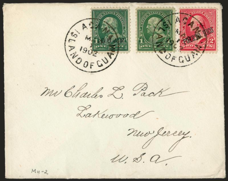 1899, 1c Deep Green (1).> Used with U.S. No. 279 and Puerto Rico No. 216, tied by Agana Island Of Guam Mar. 1, 1902 circular datestamps on cover to Charles Lathrop Pack at Lakewood N.J., Very Fine