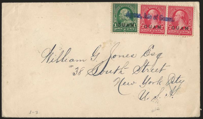 1899, 1c Deep Green, 2c Rose Carmine, First Printing (1, 2a).> 2c pair, cancelled by blue Agana, Isle of Guam. without the customary datestamp beneath town on cover to New York City, Mil. Sta. No. 1 Manila,
Phil. Islds Oct. 27 99 and New York tr