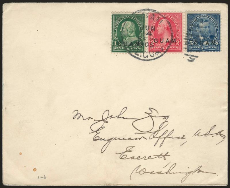 1899, 1c Deep Green, 2c Rose Carmine, 5c Blue (1, 2a, 5).> Tied by Guam Isl. Guam Jun. 14, 1905 duplex datestamp on Zug correspondence cover, Manila P.I. and Everett Wash. transits on back, Fine