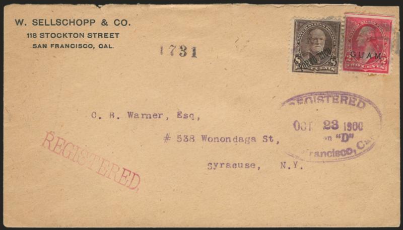 1899, 2c Rose Carmine (2a).> S.e. at top, used with <Puerto Rico 8c Violet Brown No. 213,> tied by double oval on 1900 registered cover from San Francisco to Syracuse N.Y., purple San Francisco Oct. 23, 1900
registry oval, magenta straightline Regis
