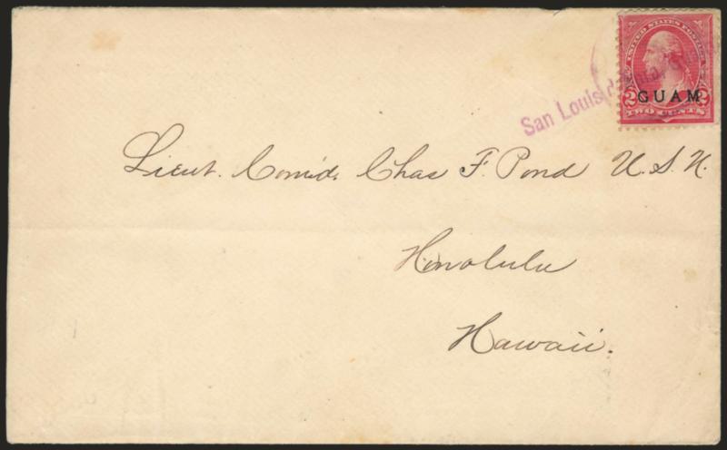 1899, 2c Rose Carmine (2a).> Tied by purple San Louis d Apra, Guam straightline and matching hollow circle on cover to Lt. Cmdr. Charles Pond (later held rank of Admiral) at Honolulu, backstamped San Francisco
and Honolulu Feb. 1901, Very Fine