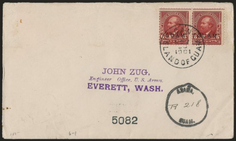 1899, 6c Lake (6).> Horizontal pair, right stamp minor scuff, tied by Agana Island Of Guam Nov (??) 1901 circular datestamp on fresh registered Zug cover, Agana registry circle, no backstamps, Fine
cover