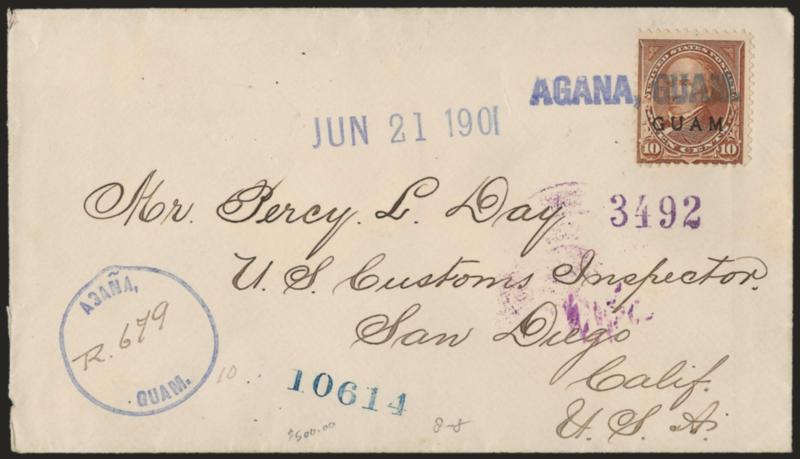 1899, 10c Brown, Ty. I (8).> Tied by blue Agana, Guam straightline with matching Jun. 21, 1901 datestamp on registered cover to San Diego Cal., Agana registry handstamp, Very Fine