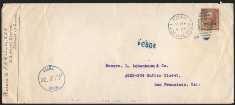 1899, 10c Brown, Ty. I (8).> Tied by blue Guam Ladrone Isls. Sep. 19, 1901 duplex datestamp on oversize cover to San Francisco, Agana registry circle, magenta San Francisco registry backstamp, Fine,
scarce