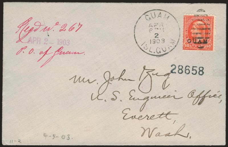 1899, 50c Orange (11).> Tied by Guam Isl. Guam Apr. 2, 1903 duplex datestamp on neat Zug correspondence registered cover, San Francisco and Everett Wash. registry backstamps, Fine