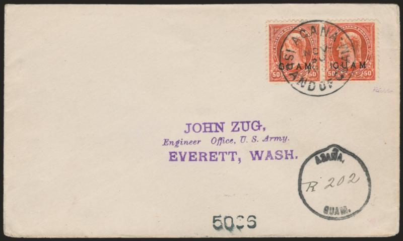 1899, 50c Orange (11).> Horizontal pair, light diagonal crease, beautifully tied by Agana Island Of Guam Nov. 30, 1901 circular datestamp on remarkably fresh Zug correspondence registered cover, Agana Guam
registry handstamp with hump in rim to f