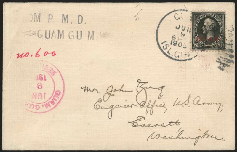1899, $1.00 Black, Ty. I (12).> Small corner defect bottom right, tied by Guam Isl. Guam Jun. 9, 1905 duplex datestamp on Zug correspondence registered cover, magenta Guam, Guam double-circle registry
handstamp, purple Everett Wash. registry back