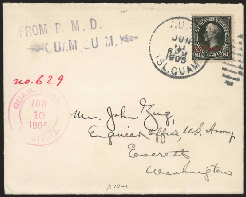 1899, $1.00 Black, Ty. I (12).> Tied by Guam, Isl. Guam, Jun. 10 6PM 1905 duplex on Zug correspondence registered cover to Everett Wash., ms. registry no. and also red Guam, Guam Registered Jun. 10, 1905
double-circle datestamp, receiving backsta