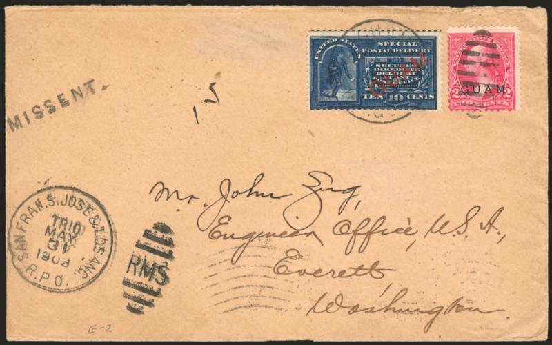 1899, 10c Blue, Special Delivery, Five Dots in Curved Frame Above Messenger (E1a).> From Plate 882, used with 2c Rose Carmine No. 2a, tied by Guam Isl. Guam (Apr 1903) duplex datestamp on Zug correspondence
cover, San Fran. S. Jose & Los Ang. R.P.