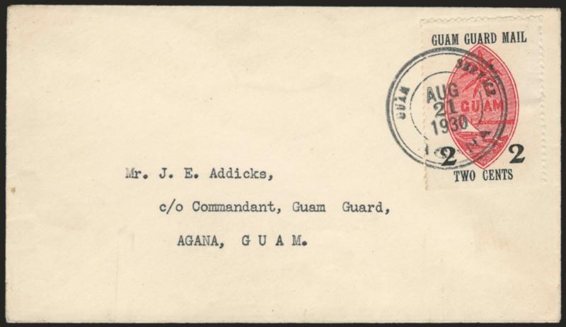 1930, 1c, 2c Seals (M3-M4).> Tied by Guam Service Agana Aug. 21, 1930 double-circle datestamps on matching Dr. Muller covers, 2c natural bottom s.e., Extremely Fine, First Day for this issue is July 10,
1930