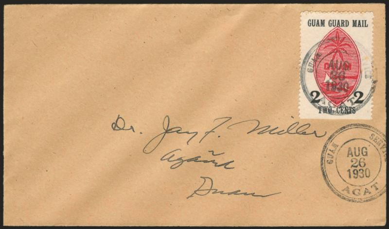 1930, 2c Black & Red (M4).> Four buff covers to Dr. Muller, tied by different double-circle datestamps, Agat, Asan, Piti and Sumay, Aug 25Sep 10 1930, two with natural s.e.s, Very Fine