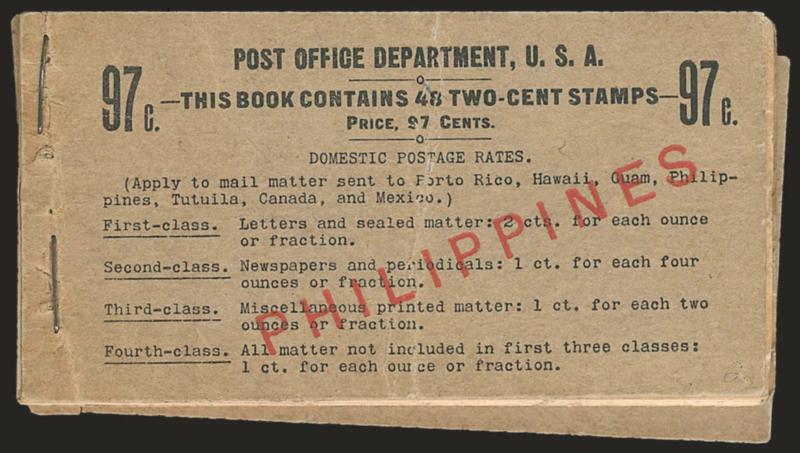 1900, 2c Carmine, Booklet Pane of Six (214b).> Five panes and a pair in 97c booklet [BK9-BC2B-BIA 1-c-2 (1)], Mint N.H., pos. A with red 50mm ovpt., back cover separated from staples and front cover creases,
although incomplete, this may be the clo